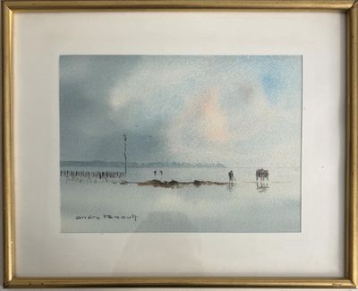 aquarelle encadrée représentant deux chevaux dans un champ enneigé