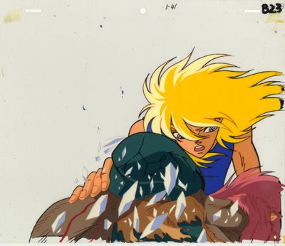 cellule d'animation représentant une femme aux cheveux blonds tenant une épée