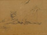 un vieux dessin représentant une femme allongée par terre à côté d'un oiseau