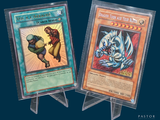 two pokemon cards on display on a blue background