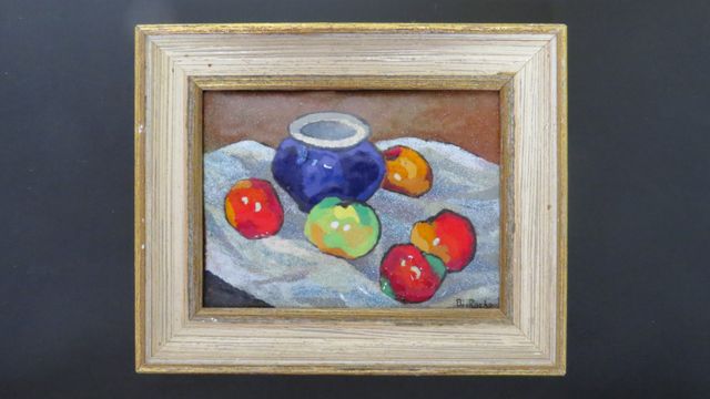 Blanche ROCHE (XXe siècle) « Nature morte aux pommes ». Email Lim...