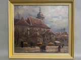 peinture d'une scène de rue avec une église à l'arrière-plan