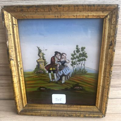 Petit Fixé sous verre « scène romantique » 18,5 X 16 cm