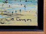 a painting of a beach scene with people on the beach