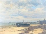 une peinture d'un bateau sur la plage au bord de l'eau