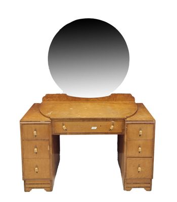 an image of a wooden vanity with a mirror on top of it