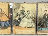 three antique fashion plates of women in dresses and hats