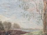 an oil painting of a man riding a horse in front of a castle