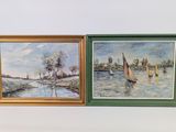two framed paintings of boats on a river with trees in the background