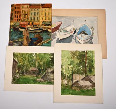 four paintings of boats are displayed on a white surface