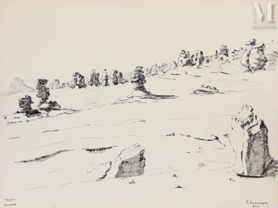 dessin représentant une file de personnes marchant sur une colline enneigée
