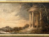 une image représentant une peinture de paysage avec une colonne et un homme à cheval au premier plan