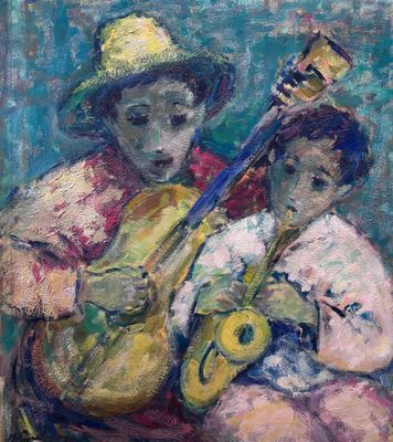 tableau représentant deux enfants jouant d'un instrument, assis sur une chaise
