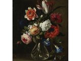 peinture représentant un vase de fleurs posé sur un rebord, sur fond noir