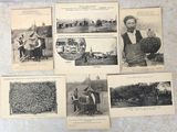 plusieurs vieilles photographies en noir et blanc représentant des personnes et du matériel agricole