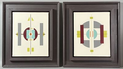 two framed art pieces with geometric designs on them on a wall