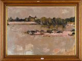 l'image d'une peinture représentant une rivière avec une maison à l'arrière-plan