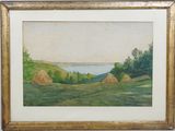 an oil painting of a landscape with hay stacks and a lake in the distance