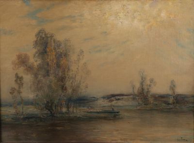 l'image d'une peinture représentant une rivière avec des arbres au premier plan