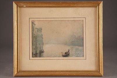 painting of a boat in a body of water with a building in the background