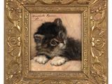 an image of a painting of a kitten laying down on a couch