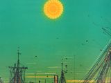 a painting of boats in the water with a sun in the background