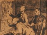 drawing of a man and a woman sitting at a table with a cat