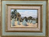an oil painting of a desert scene with trees and mountains in the background