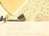 a drawing of a woman laying on the ground with a tennis racquet