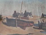 un tableau représentant un groupe de bateaux sur la plage