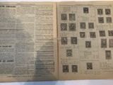an old book with a lot of stamps on it sitting on top of a table
