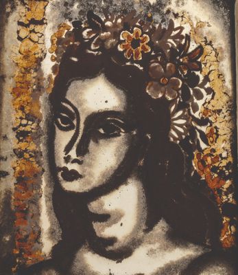 une image d'une peinture représentant une femme avec des fleurs dans les cheveux