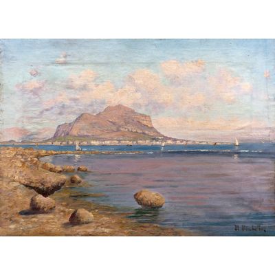 un tableau représentant une montagne et un plan d'eau