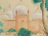 a painting of a large building in the middle of a park