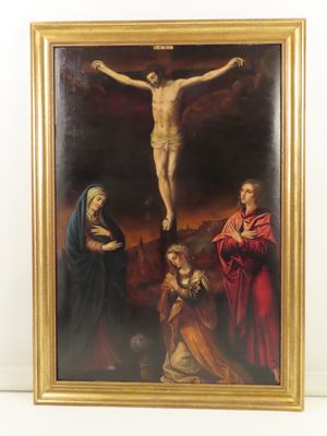 une peinture à l'huile représentant Jésus sur la croix, entouré de trois femmes et d'un homme