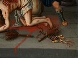 a painting of a man on the ground with a knife