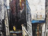 a painting of a city street with a building in the background