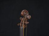 a close up of a violin on a table with a black background