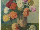 tableau représentant un vase de fleurs posé sur une table, sur fond vert