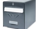 a black mail box with a white paper in it