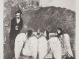 an image of a black and white drawing of angels sitting on a bench