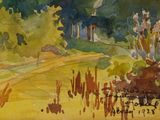 an image of a painting of a landscape with trees and a road