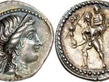 a silver coin with an image of a woman and a man on it