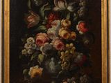 an oil painting of flowers in a vase on a table