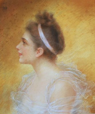 painting of a woman in a white dress with a blue headband