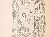 dessin représentant la tête d'un cheval dans un cadre orné de roses