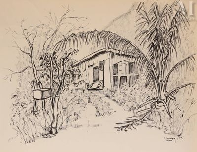 dessin représentant une maison au milieu d'un jardin avec des arbres et des buissons