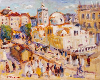 an oil painting of a street scene with people and buildings