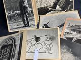 several old black and white photos of a man with a dog on a leash