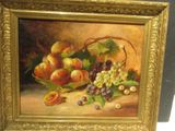 painting of a basket of fruit with grapes, peaches, and plums